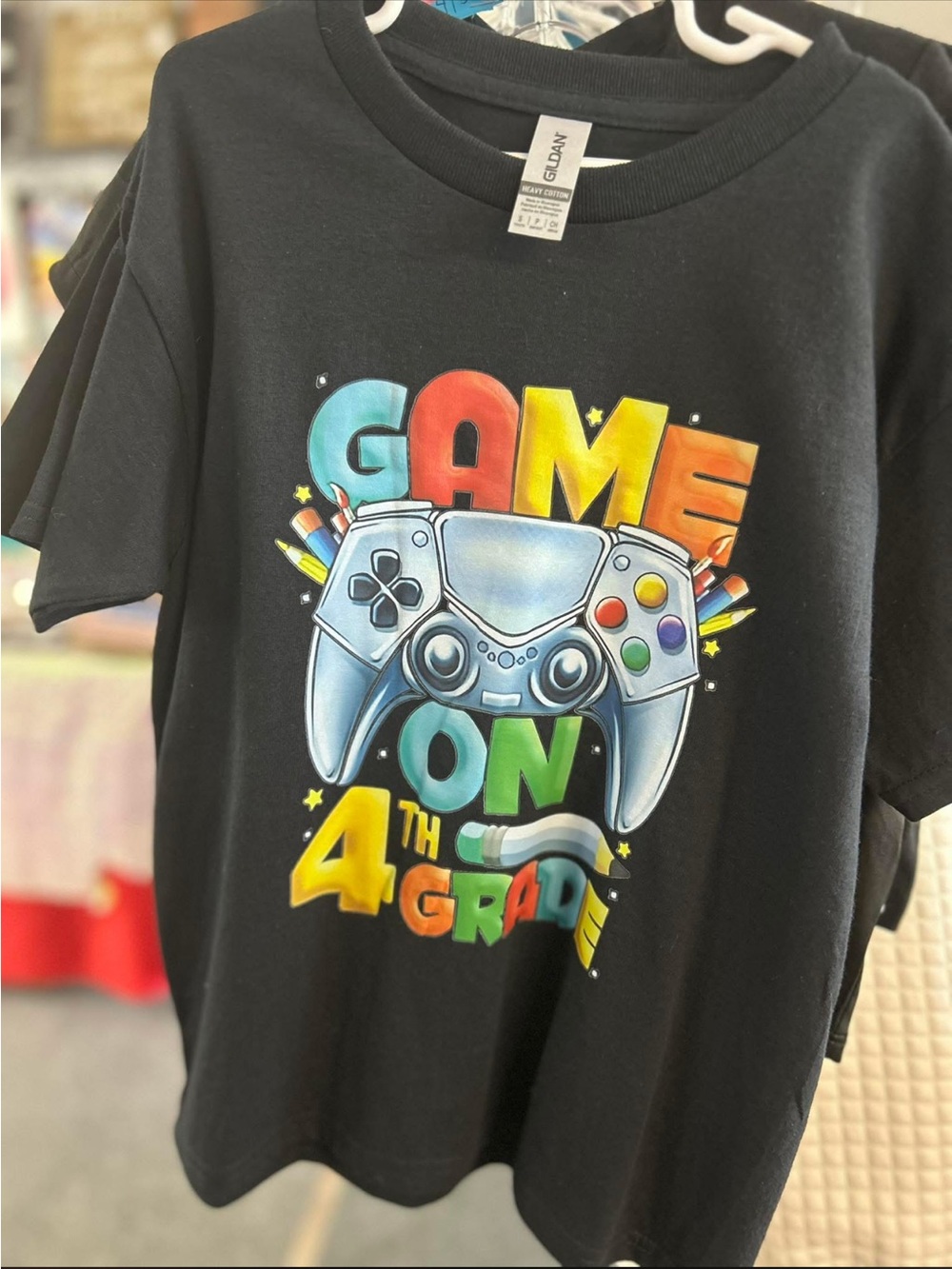 Gildan Black Tee with Bright Multi-Color Game Controller Graphic